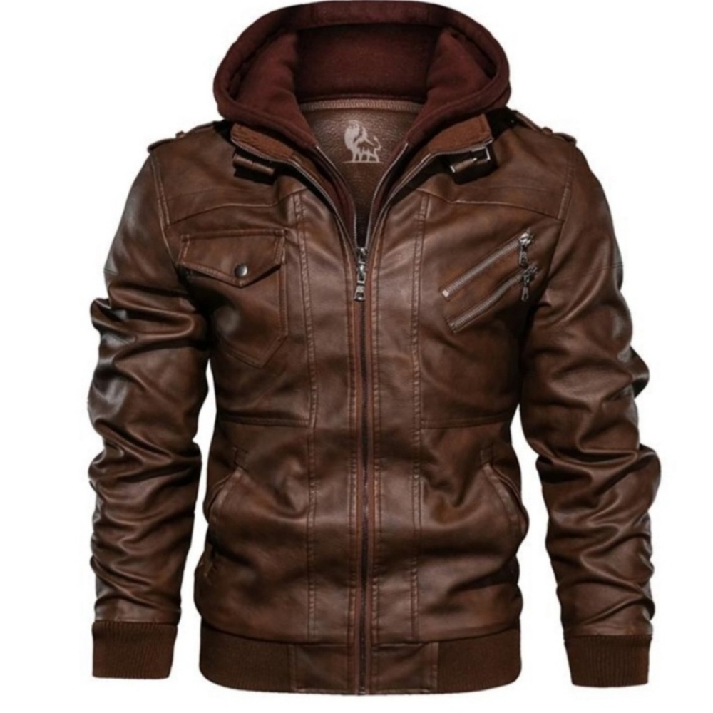 Brown Bomber Jacket with Hood and Textured Sleeves